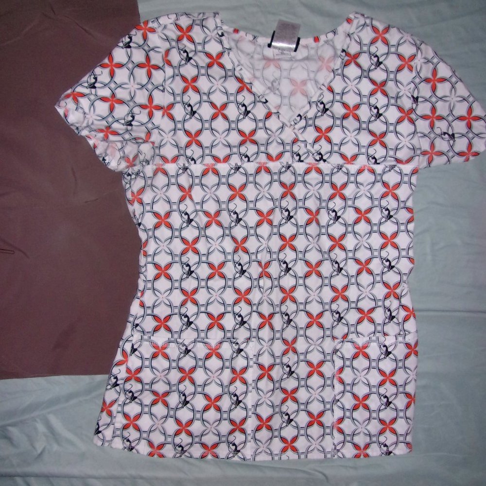 Baby phat size small womens scrub work wear shirt print top white black cat